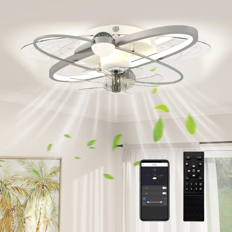HOMCOM Ceiling Fan with Light and Remote, 3 Colour Temperatures, LED Mount Ceiling Fan Light for Bedroom, Silver Tone