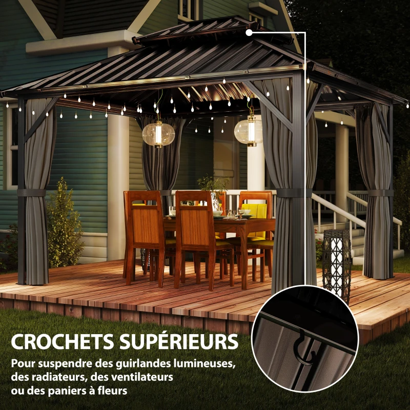 Outsunny Gazebo 3 x 3,6 m à Toit Rigide avec Toit Double en Acier Galvanisé, Structure en Aluminium, Gris Foncé