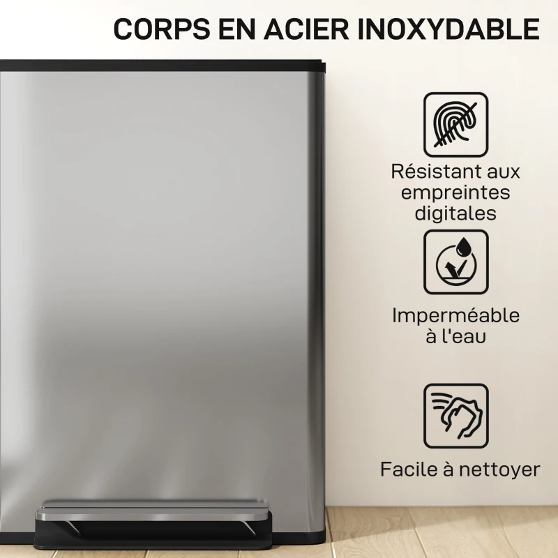 HOMCOM Poubelle à double compartiment 2 x 30L, poubelle cuisine à pédale, couvercle à fermeture douce, 47,5x37,5x67cm, argent