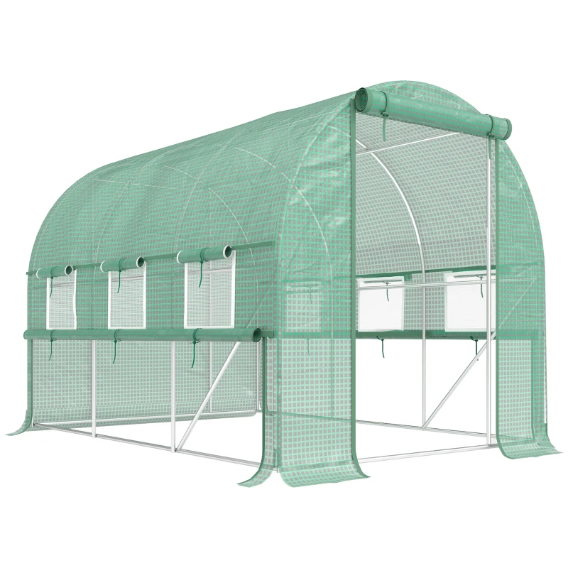 Outsunny Serre de jardin tunnel serre tunnel 6 m² avec 6 fenêtres porte enroulable toile PE structure en acier galvanisé vert