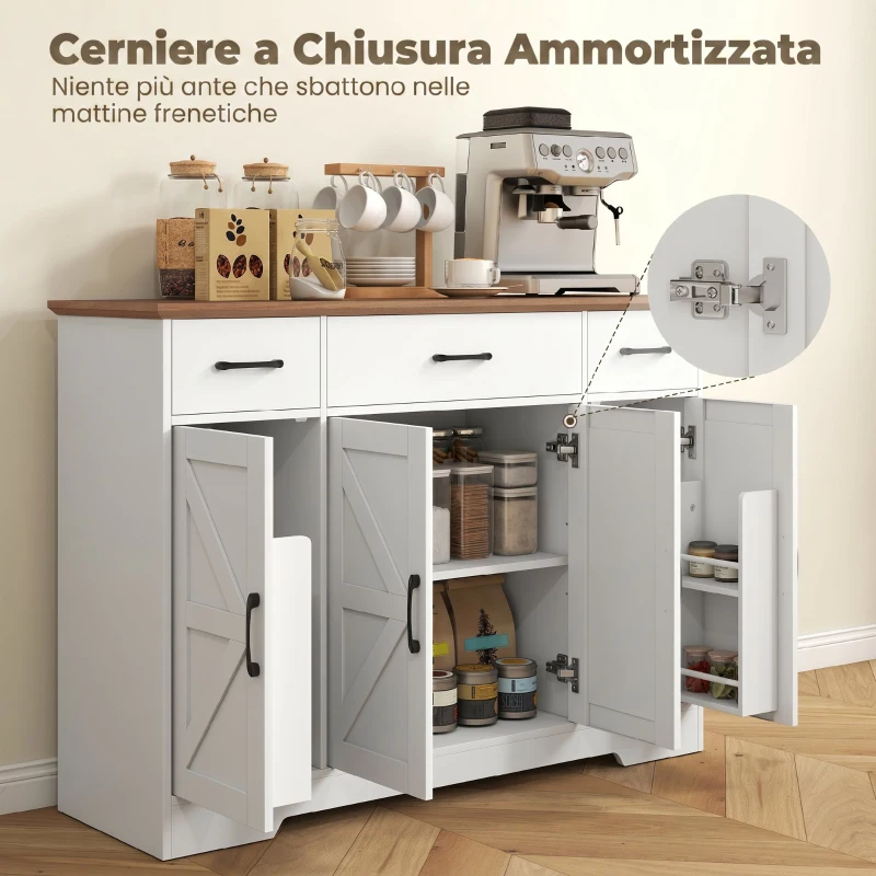 HOMCOM Credenza Cucina Rustico, Mobile Cucina con Ante Soft-Close, 3 Cassetti, 3 Ripiani Regolabili, Portaspezie, Bianco