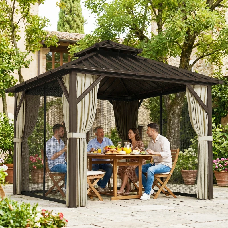 Outsunny 3x3 m Hardtop Gazebo Canopy with UPF50+ Double Galvanised Steel Roof, Aluminium Garden Gazebo Permanent Pavilion, Brown