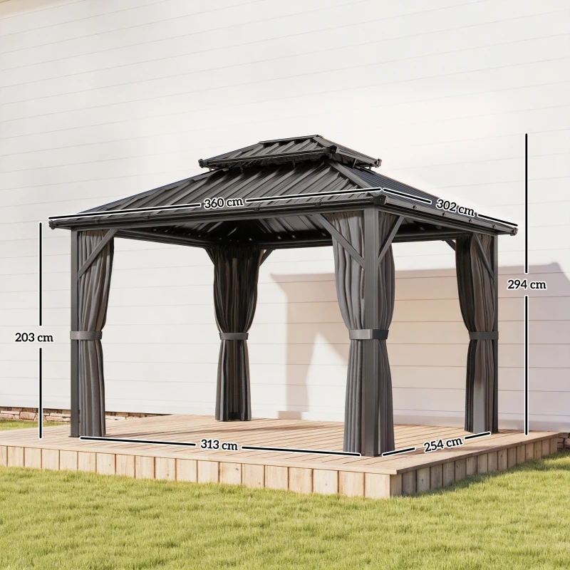 Outsunny Gazebo 3 x 3,6 m à Toit Rigide avec Toit Double en Acier Galvanisé, Structure en Aluminium, Gris Foncé