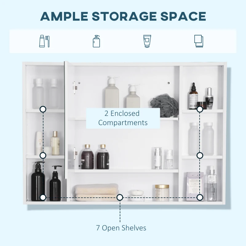 kleankin Wall Mounted Medicine Cabinet, Bathroom Mirror Cabinet with Mirrored Door, Shelves and Storage Cupboard, White