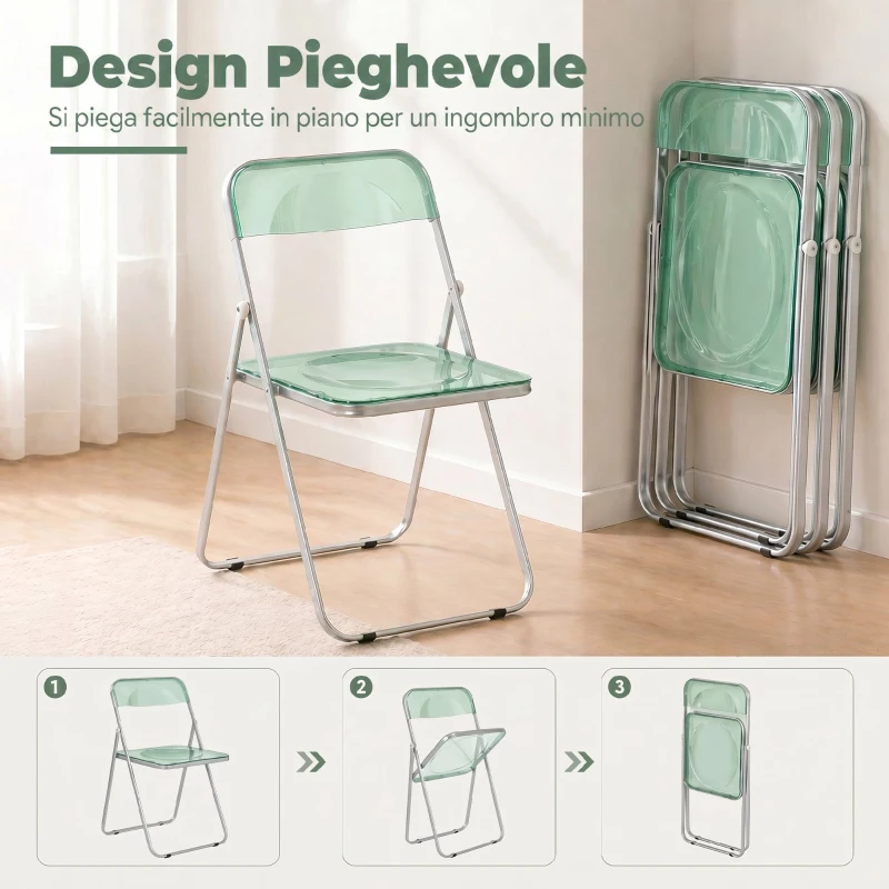 HOMCOM Set da 4 Sedie Pieghevoli in Acrilico Trasparenti, Verde