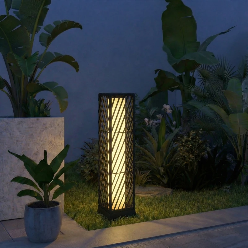 Outsunny Linterna de Jardín de Ratán Farola Solar Exterior con Luces LED Encendido y Apagado Automático Impermeable IP44 Negro