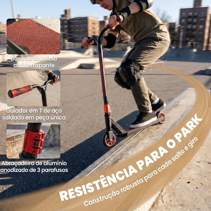 SPORTNOW Trotinete Acrobática com Guiador 360° Rolamentos ABEC-9 Rodas de PU de 120 mm Estrutura de Alumínio 66x47x81 cm Vermelho
