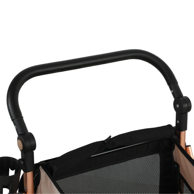 PawHut Carrinho para Cães Dobrável até 20 kg com Rodas Grandes Suspensão e Travão Janelas de Rede Almofada Castanho Claro