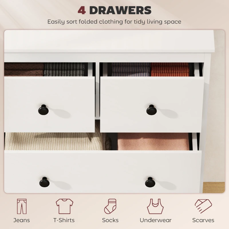 HOMCOM Modern Chest of Drawers, 4 Drawer Dresser Clothes Storage Organiser for Living Room, Hallway, Entryway, White