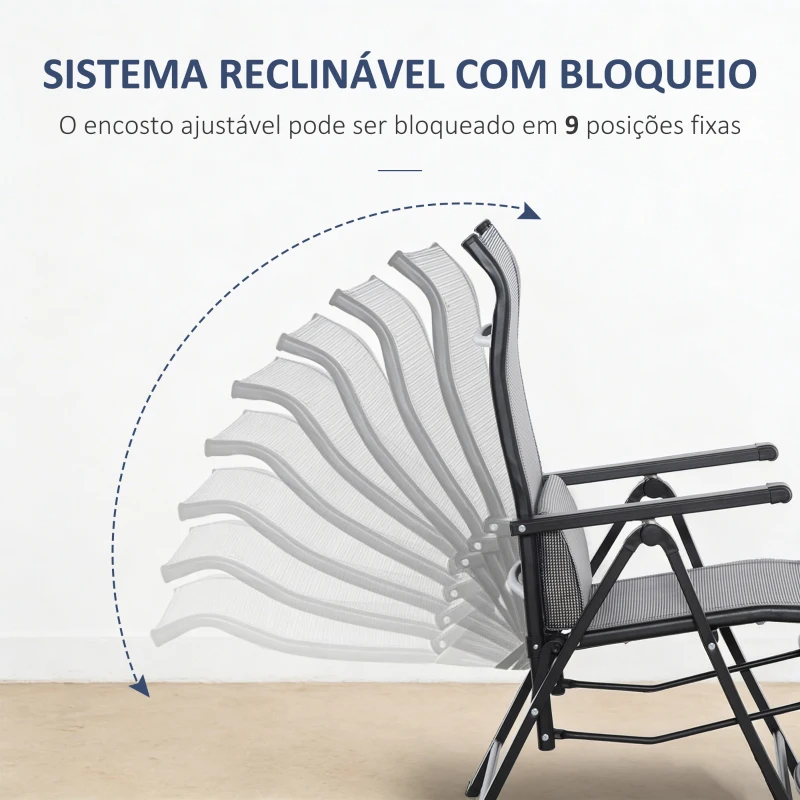 Outsunny Cadeira Reclinável Dobrável de Jardim com Encosto Ajustável em 9 Posições e Almofada Lombar 70x65x111 cm Cinzento