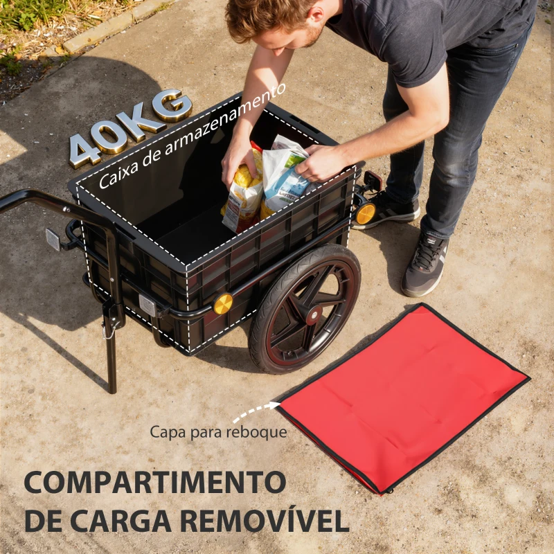 HOMCOM Reboque de Bicicleta com Cobertura de Tecido Oxford Impermeável, Refletores Estrutura de Aço e Alças para Transporte 144x59x80 cm Vermelho e Preto
