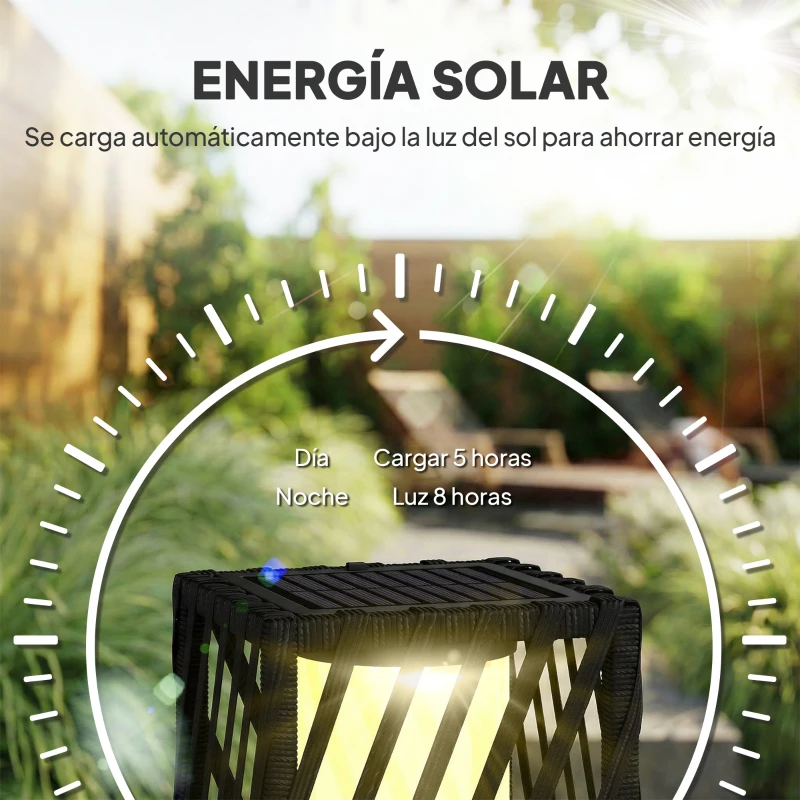 Outsunny Linterna de Jardín de Ratán Farola Solar Exterior con Luces LED Encendido y Apagado Automático Impermeable IP44 Negro