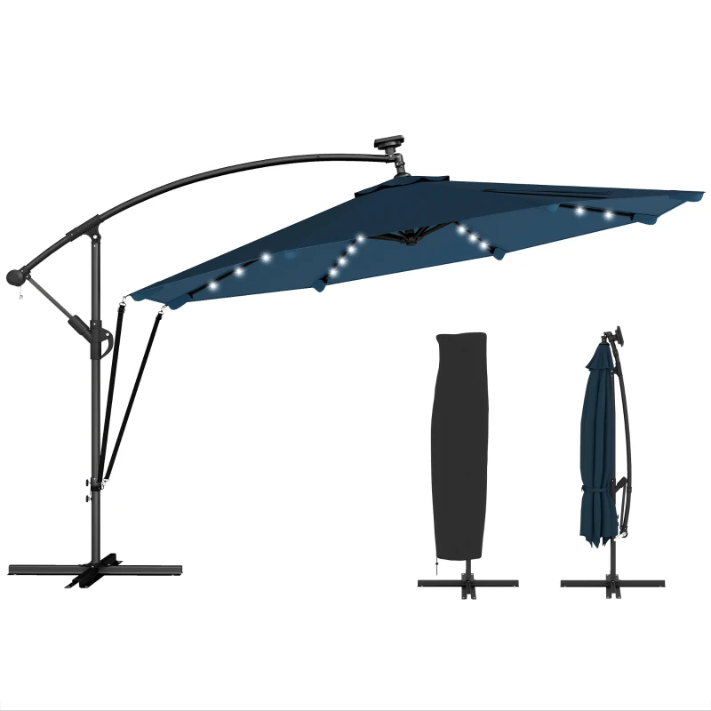 Outsunny Parasol Excéntrico con Luces LED Solares Ø345 cm Sombrilla Jardín de Aluminio con Base Cruzada Manivela Funda Azul