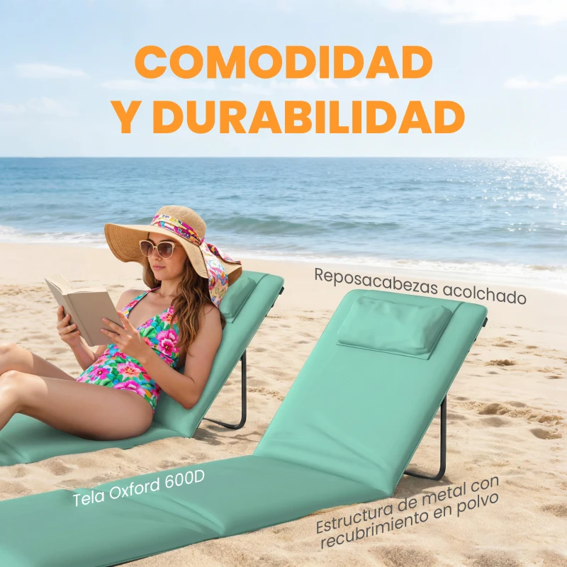 Outsunny Conjunto de 2 Esterillas de Playa Plegable con Respaldo Ajustable Reposacabezas Acolchado 146x50x2 cm Verde