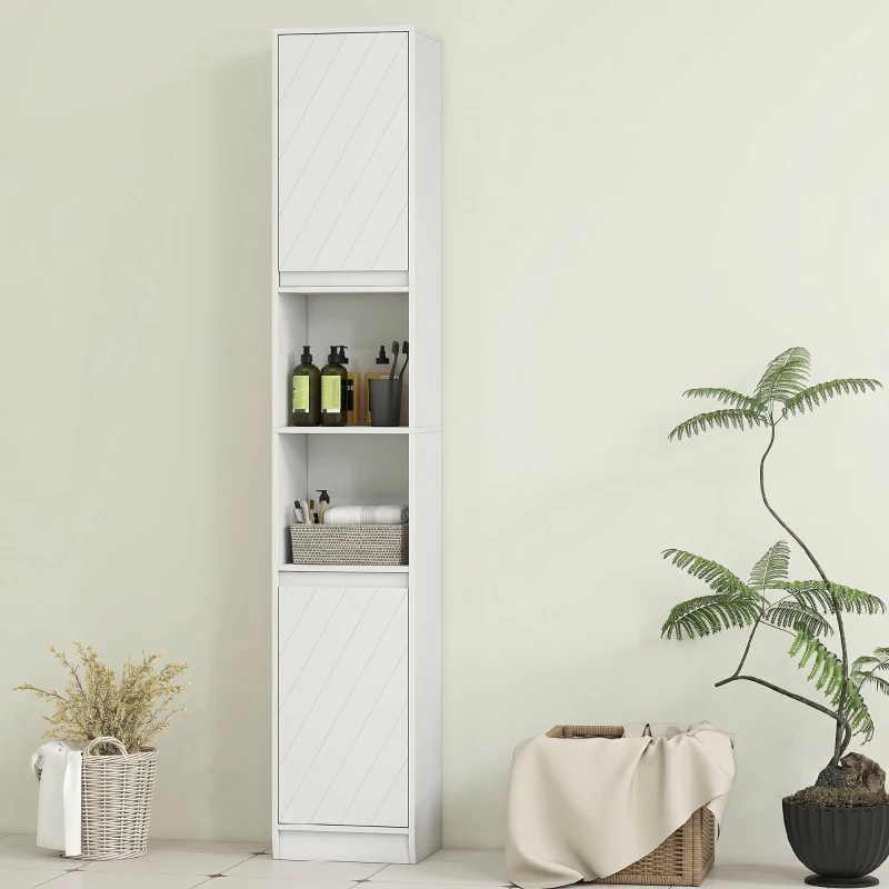 HOMCOM Columna de Baño Estrecha con 2 Puertas y 2 Estantes Abiertos para Espacios Pequeños 30x24x170 cm Blanco