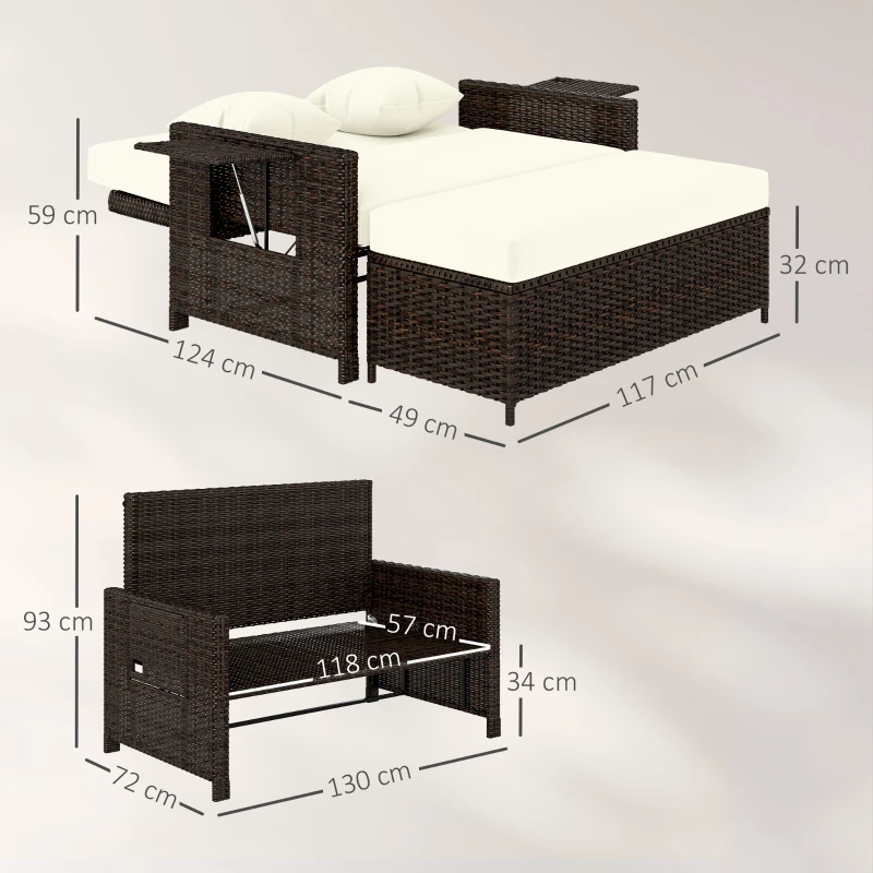 Outsunny Divanetto da Giardino Componibile con Panca, Mobili da Giardino in Rattan Marrone, Set 2 Pezzi Salvaspazio