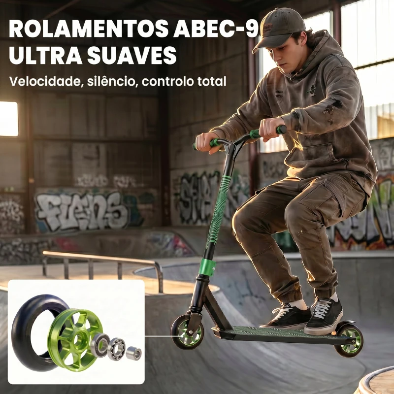 SPORTNOW Trotinete Acrobática com Guiador 360° Rolamentos ABEC-9 Rodas de PU de 120 mm Estrutura de Alumínio 66x47x81 cm Verde