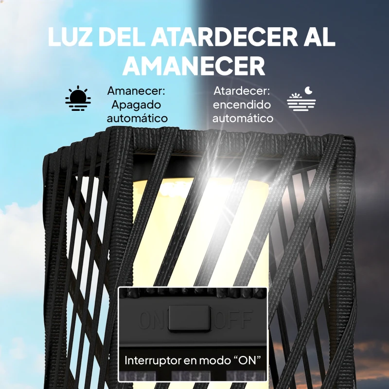 Outsunny Linterna de Jardín de Ratán Farola Solar Exterior con Luces LED Encendido y Apagado Automático Impermeable IP44 Negro