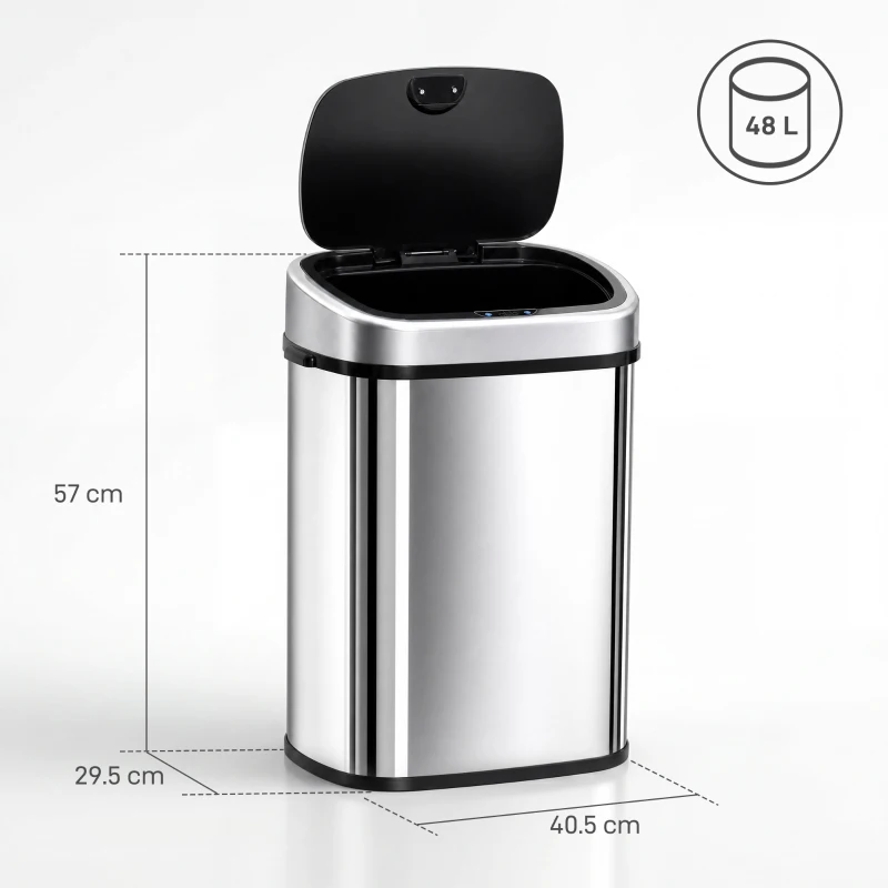 HOMCOM Stainless Steel Kitchen Sensor Dustbin Automatic Touchless Rubbish Garbage Waste Bin 48L Silver