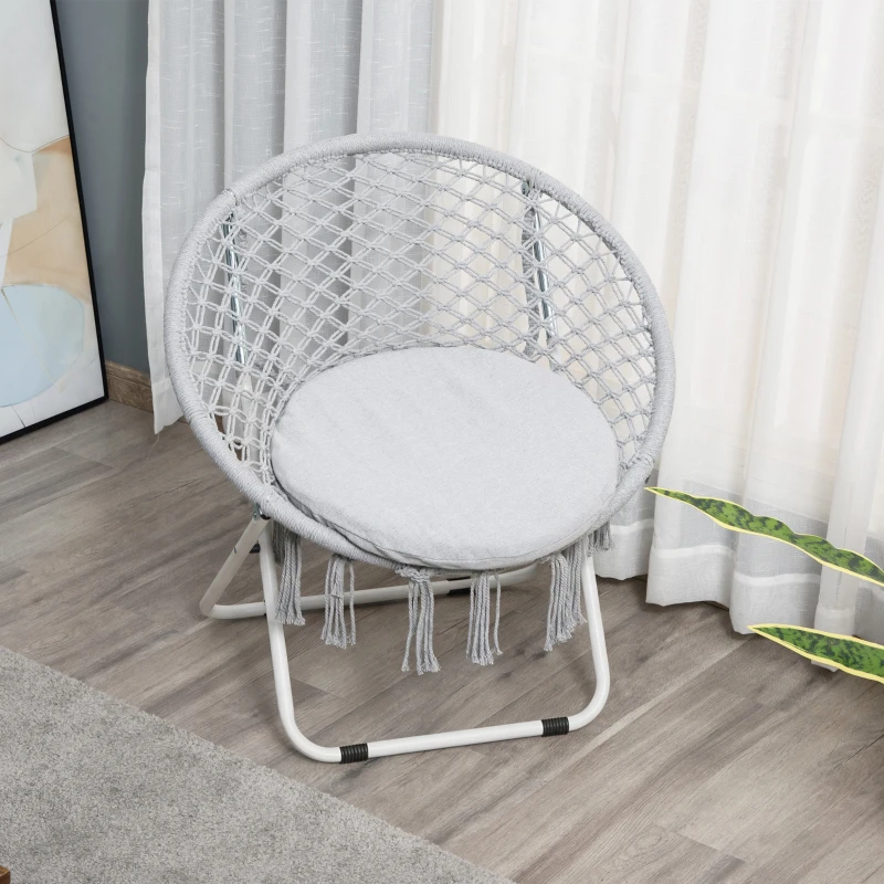 Outsunny Loveuse fauteuil rond de jardin fauteuil lune papasan pliable grand confort macramé coton polyester gris