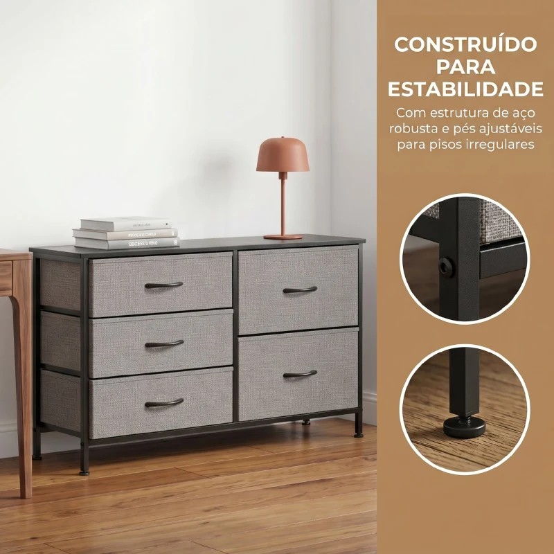 HOMCOM Cómoda com 5 Gavetas de Tecido com Estrutura de Aço Para Sala Escritório Preto e Cinzento Escuro