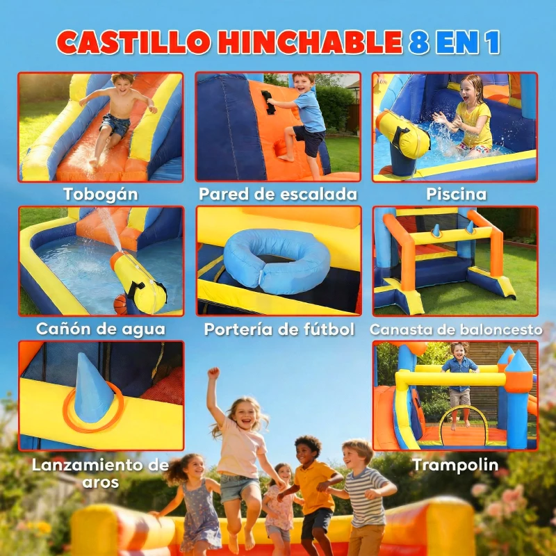AIYAPLAY Castillo Hinchable Acuático 8 en 1 con Soplador 550W Tobogán Trampolín Escalada Piscina Portería Canasta Lanzamiento