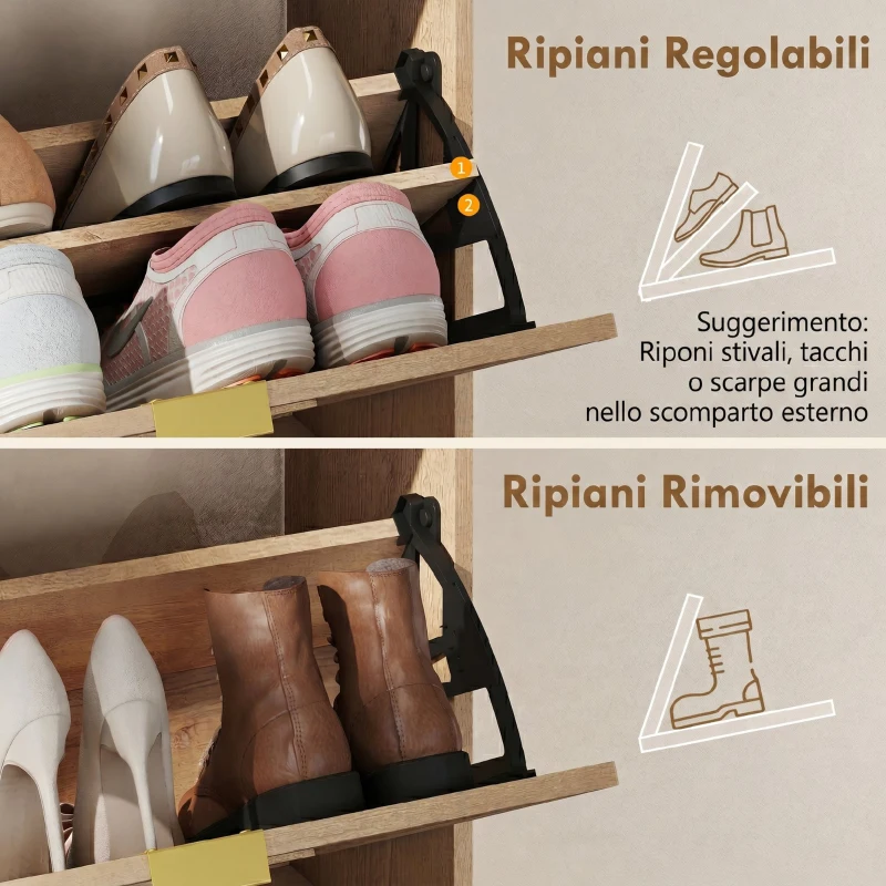HOMCOM Scarpiera Salvaspazio Slim con 2 Ante a Ribalta e Ripiani Regolabili Rimovibili per 8 Paia, Color Noce