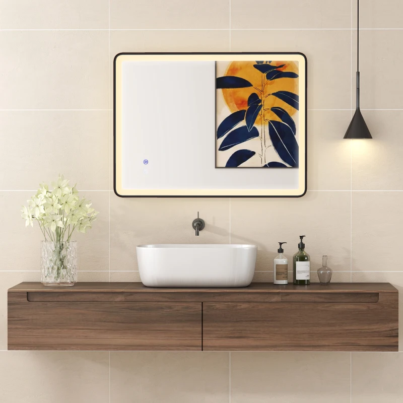 HOMCOM LED-Badezimmerspiegel Anti-Beschlag Dimmbare Schminkspiegel mit Beleuchtung 80 x 60 cm Schwarzer Rahmen