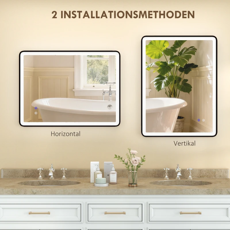 HOMCOM LED-Badezimmerspiegel Anti-Beschlag Dimmbare Schminkspiegel mit Beleuchtung 80 x 60 cm Schwarzer Rahmen