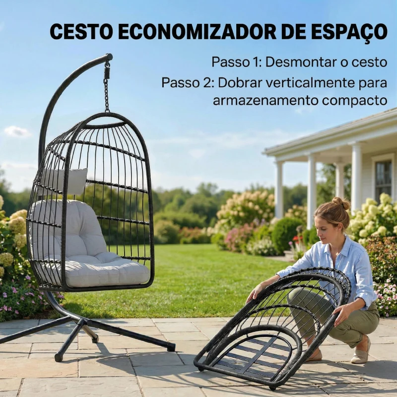 Outsunny Cadeira Suspensa com Suporte Cesto Dobrável de Vime Almofada Grossa e Altura Ajustável 101x105x196 cm Cinza Claro