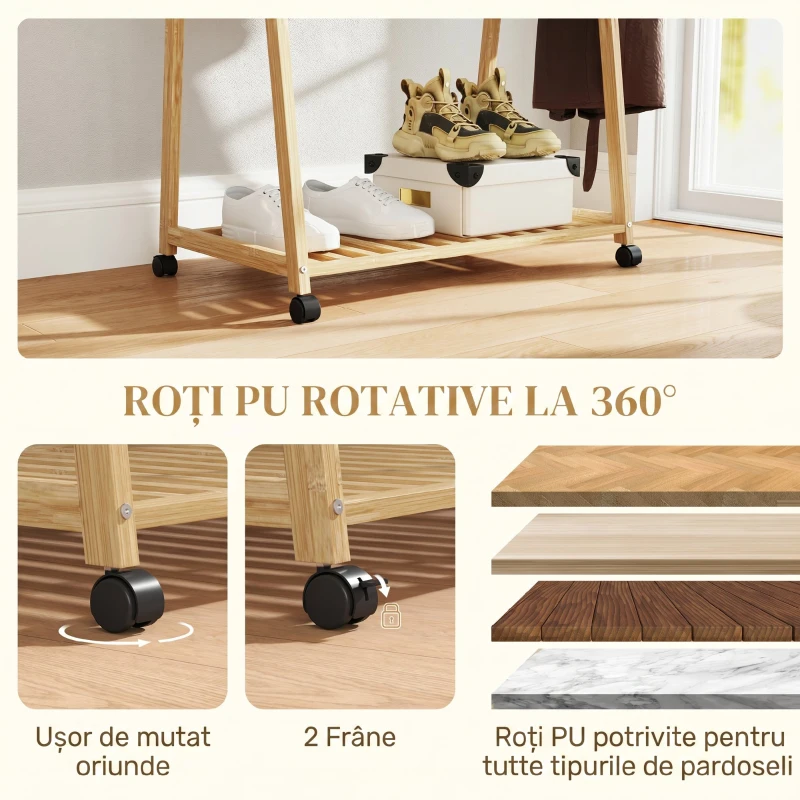 HOMCOM Cuier din Bambus cu Raft pentru Încălțăminte, 2 Cârlige, Cuier Mobil pentru Hol, Sufragerie, Natural