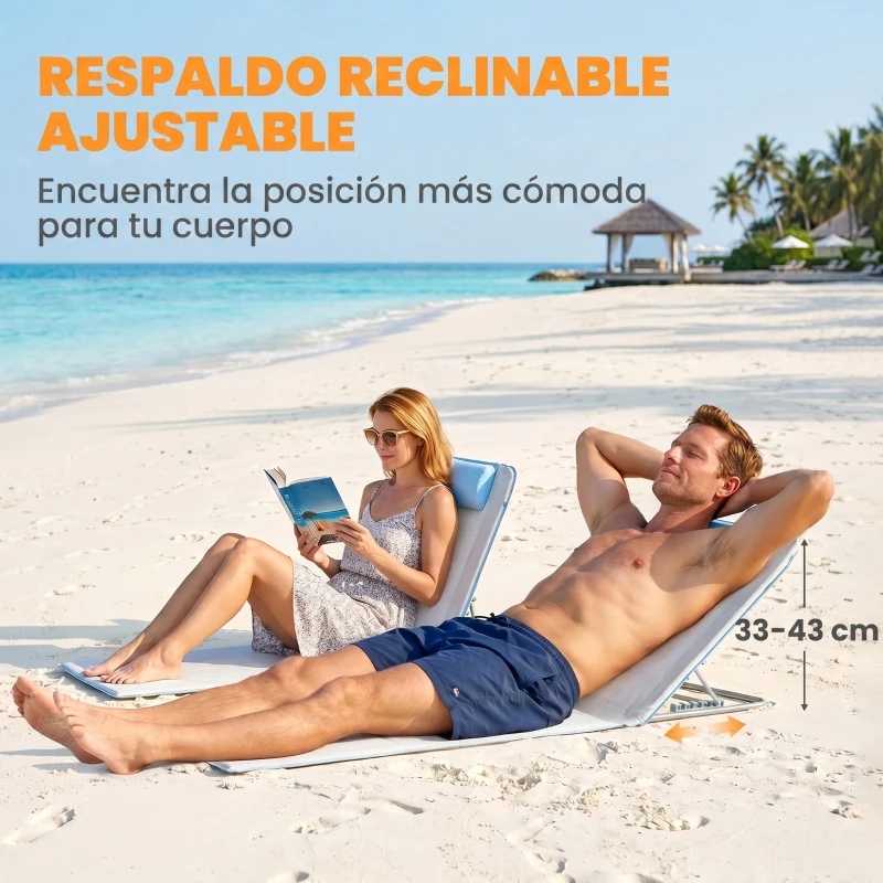 Outsunny Conjunto de 2 Esterillas con Respaldo Reclinable en 5 Niveles Reposacabezas y Bolsa de Transporte 134x48x33-43 cm Beige