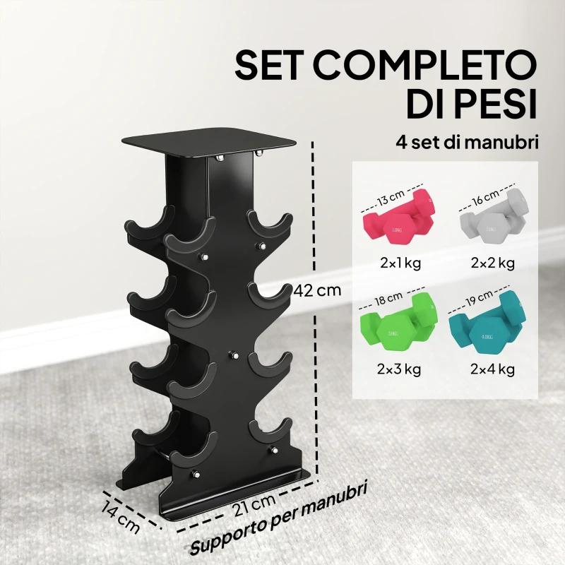 SPORTNOW Set 8 Manubri Pesi Esagonali Antiscivolo con Supporto, in Metallo e Plastica, Multicolore