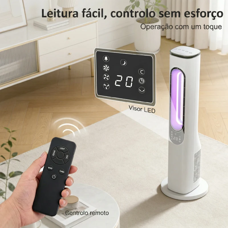HOMCOM Ventoinha de Torre sem Pás com Luzes LED Controlo Remoto 3 Velocidades 3 Modos Temporizador 15H Oscilação 50° Branco
