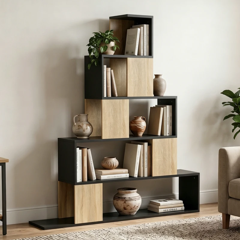 HOMCOM Scaffale Contenitore, Libreria Geometrica a 5 Livelli, per Ufficio, Soggiorno, Camera, Nero e Legno Naturale