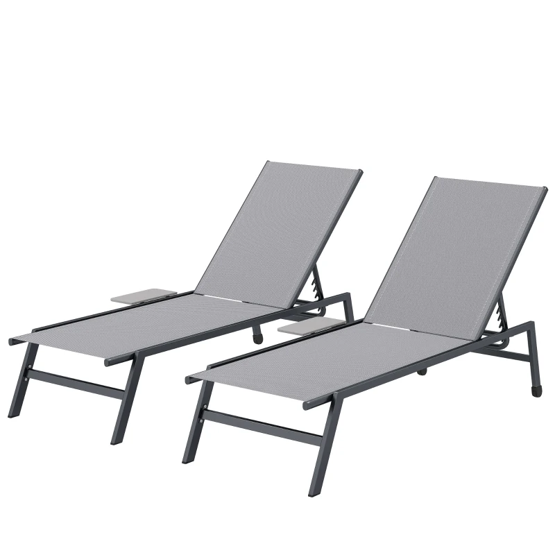 Outsunny Set 2 Lettini Prendisole Regolabili in 5 Posizioni con Tavolino Laterale e 2 Ruote, in Metallo e Poliestere, Grigio