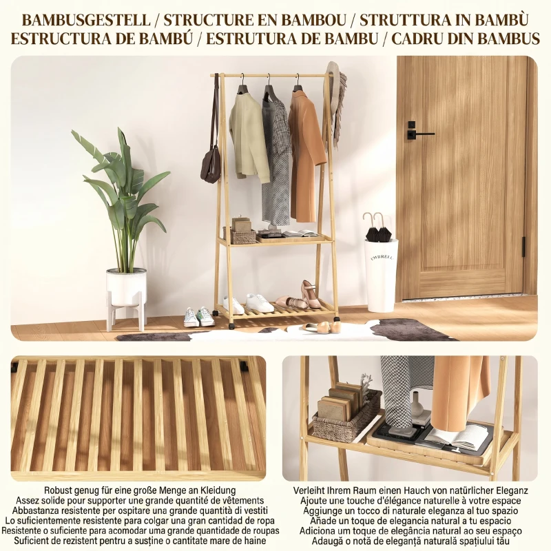 HOMCOM Cuier din Bambus cu Raft pentru Încălțăminte, 2 Cârlige, Cuier Mobil pentru Hol, Sufragerie, Natural