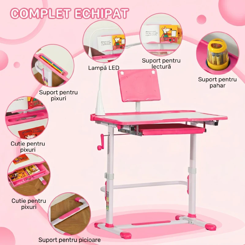 HOMCOM Birou pentru Copii cu Scaun Reglabil, Masă cu Sertar, Lampă și Suprafață Înclinabilă, 80x49,5x82-104 cm, Roz