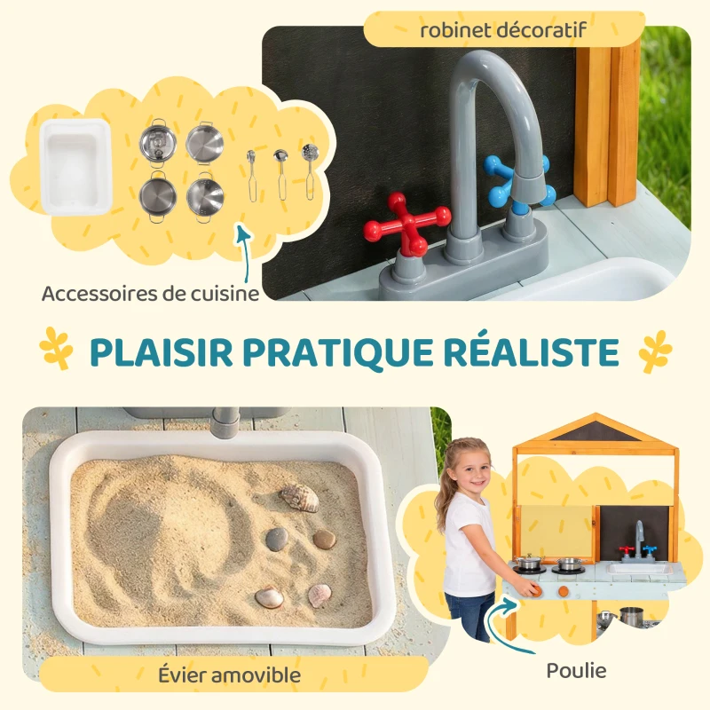 AIYAPLAY Matschküche Kinder Outdoor Spielküche Holz mit Herd Abnehmbarer Spüle Regalen für Kinder von 3-8 Jahren, Hellblau