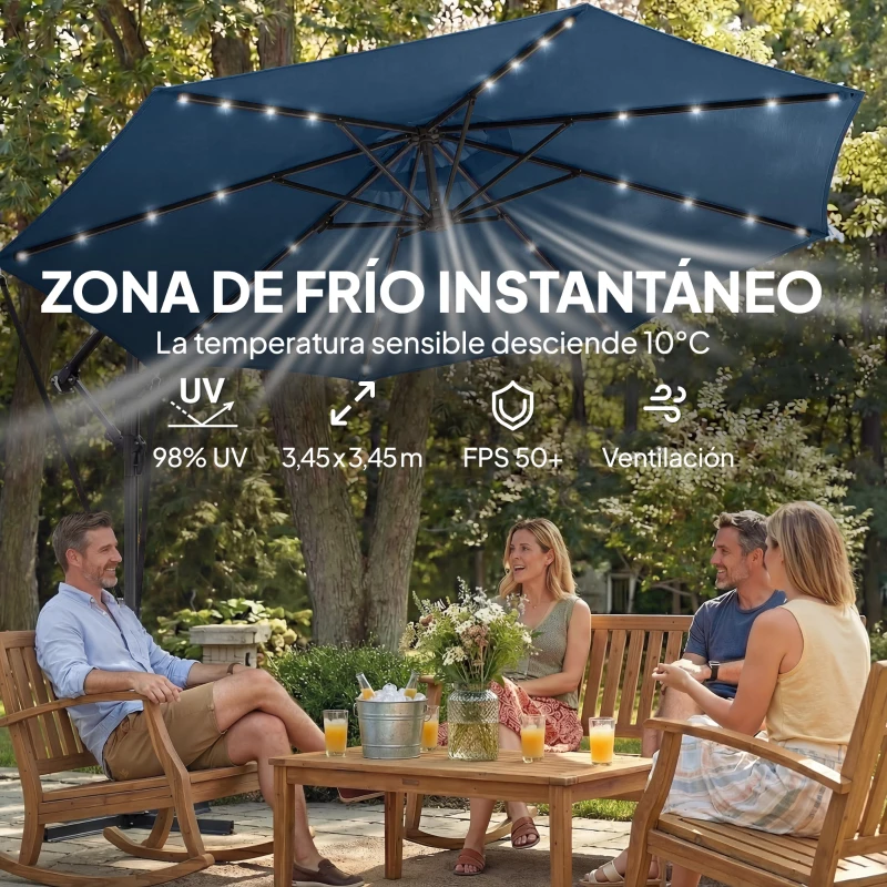 Outsunny Parasol Excéntrico con Luces LED Solares Ø345 cm Sombrilla Jardín de Aluminio con Base Cruzada Manivela Funda Azul