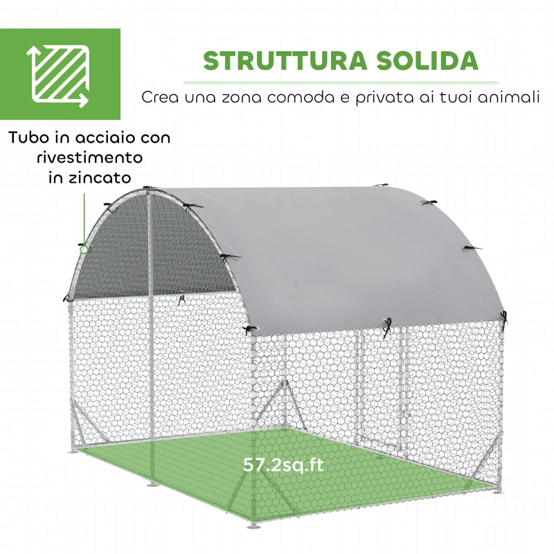 PawHut Recinto per Galline in Metallo Galvanizzato con Tetto e Copertura Anti UV, 280x190x197 cm, Argento