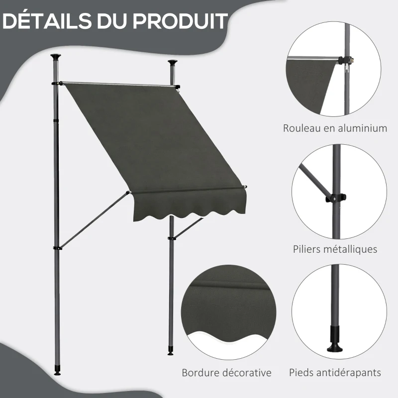 Outsunny Store banne autoportant manuel rétractable 1,5L x 1,2l x 2,1-3H m inclinaison réglable métal alu polyester gris foncé