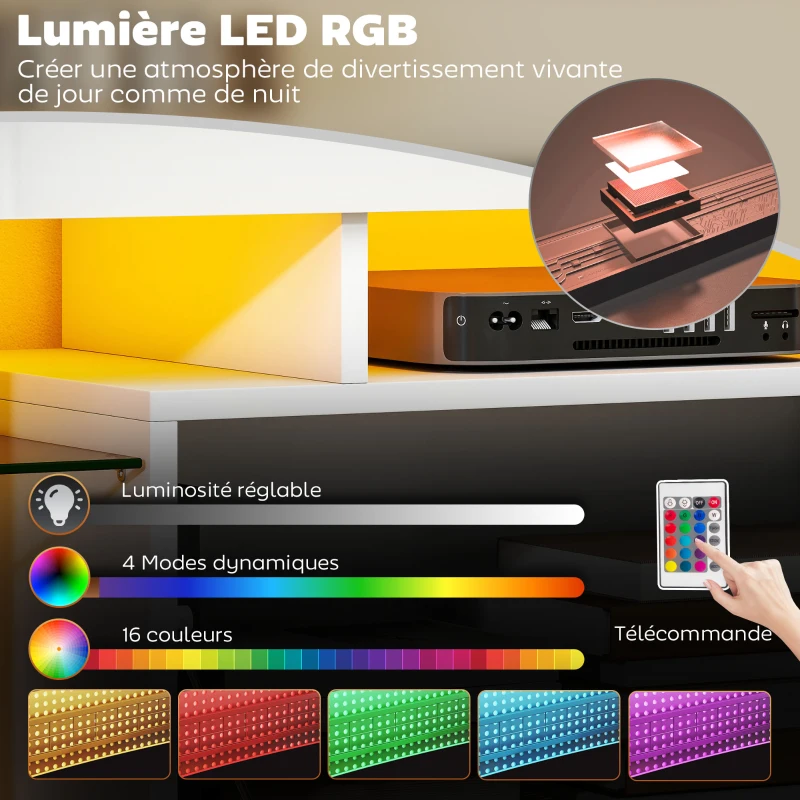 HOMCOM Meuble TV, meuble télé avec éclairage LED RGB, haute brillance, étagères en verre trempé, 120x34x45cm, blanc