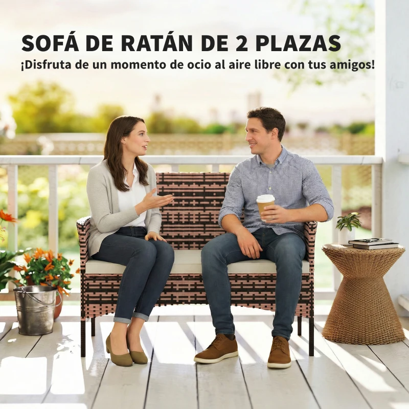 Outsunny Sofá Exterior de Ratán de 2 Plazas Sofá Exterior de Jardín con Cojín Lavable Estructura de Acero para Balcón Caqui