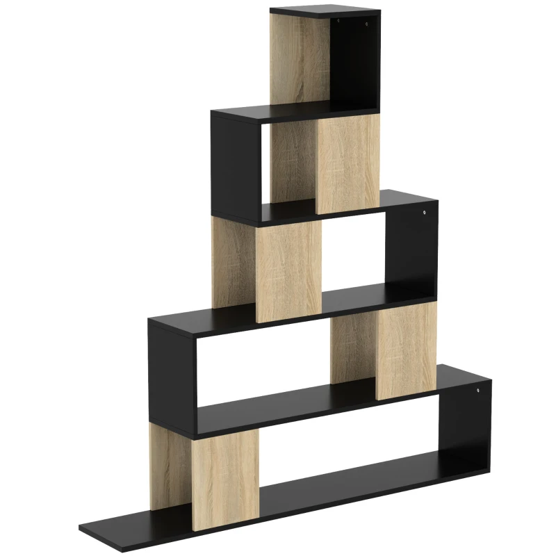 HOMCOM Scaffale Contenitore, Libreria Geometrica a 5 Livelli, per Ufficio, Soggiorno, Camera, Nero e Legno Naturale