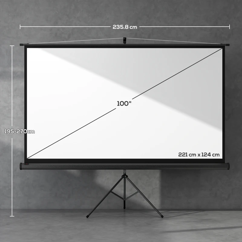HOMCOM Telo Proiettore Pieghevole da 100" Formato 16:9 con Treppiede Regolabile, 235.8x8x136 cm, Nero