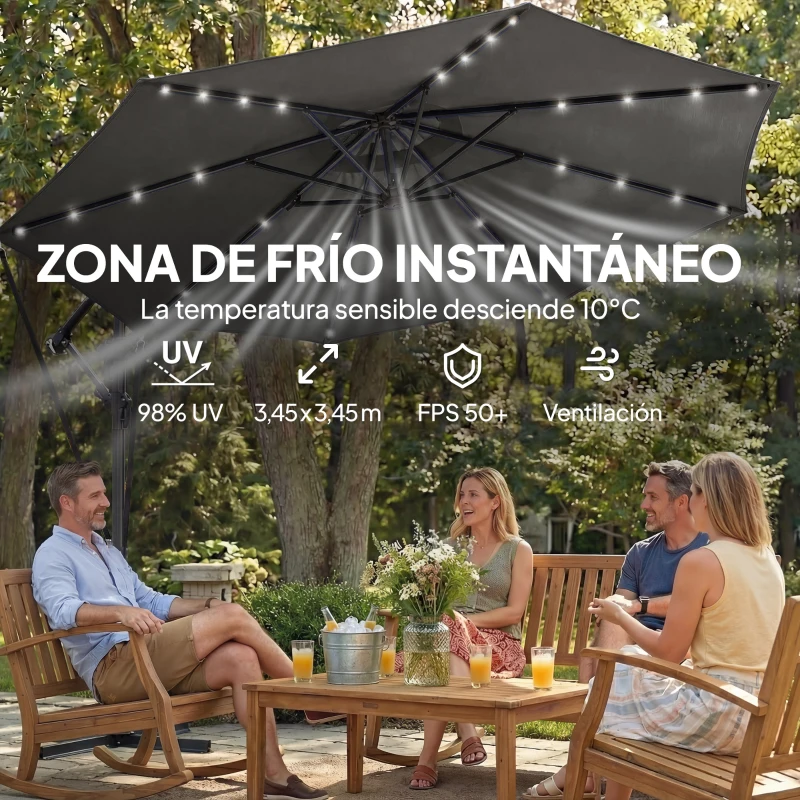 Outsunny Parasol Excéntrico con Luces LED Solares Ø345 cm Sombrilla Jardín de Aluminio con Base Cruzada Manivela Funda Gris