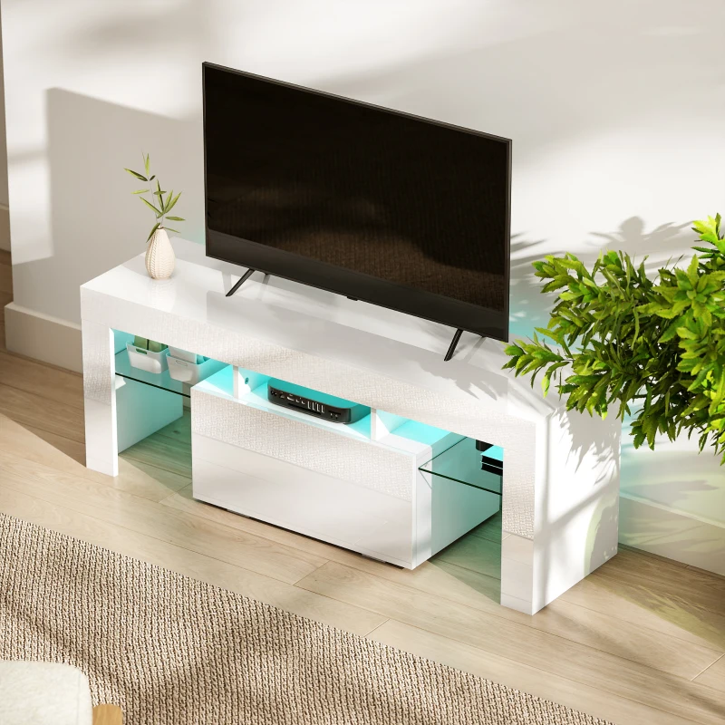HOMCOM Meuble TV, meuble télé avec éclairage LED RGB, haute brillance, étagères en verre trempé, 120x34x45cm, blanc