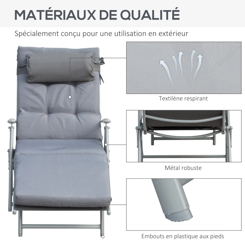 Outsunny Bain de Soleil Pliable transat inclinable 7 Positions Chaise Longue avec dossier, coussin et appui-tête + accoudoirs métal époxy textilène Polyester, Charge 165 kg, pour jardin, piscine, Gris