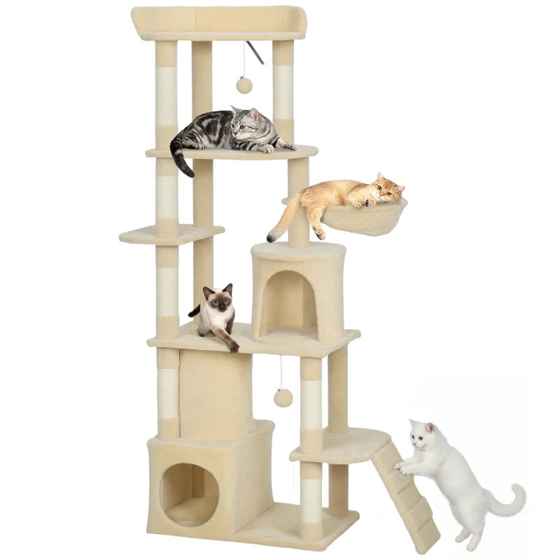 PawHut 170 cm Large Cat Tree, Cat Tower with 7 Scratching Posts, Tunnel, 2 Condos, Hammock, Perch, Ramp, Pompoms, Beige